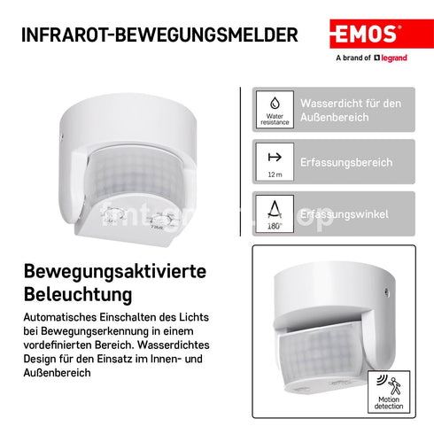 EMOS Infrarot-Bewegungsmelder IP65 für Innen und Außen, 180°, 12m Reichweite